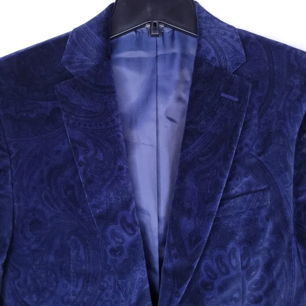 Bar III Blazer Mens 40S Blue Velvet Paisley 2 Button Slim Fit